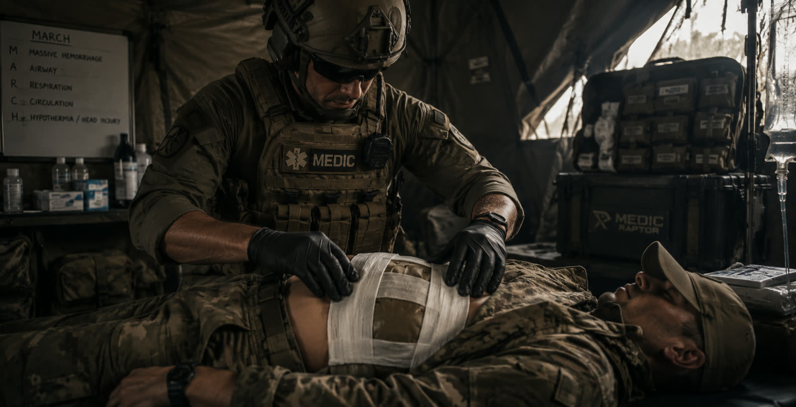 Instrutor aplicando bandagem abdominal em vítima simulada, com quadro do protocolo MARCH ao fundo.