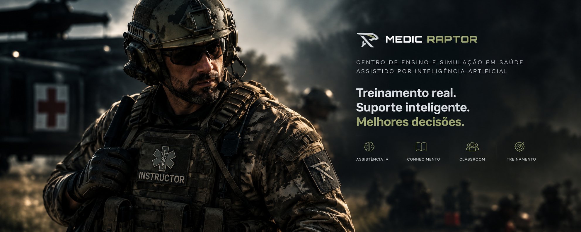 Instrutor Medic Raptor em ambiente operacional de treinamento.
