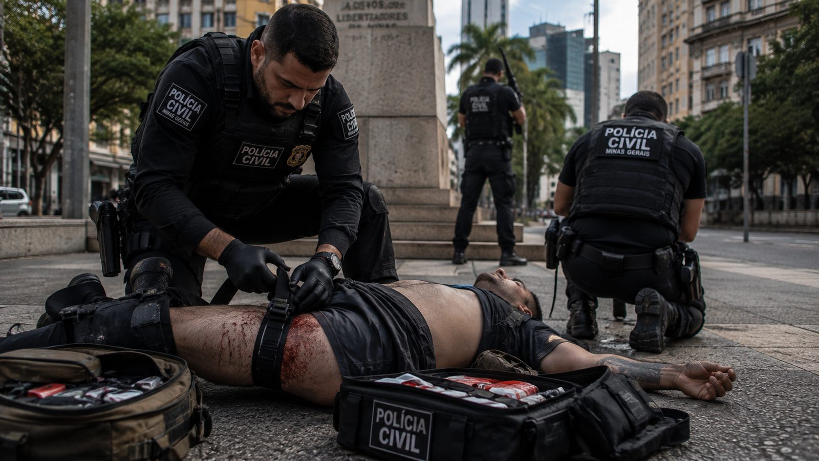 Policiais civis simulam controle de hemorragia em via pública, em cenário de treinamento diurno.